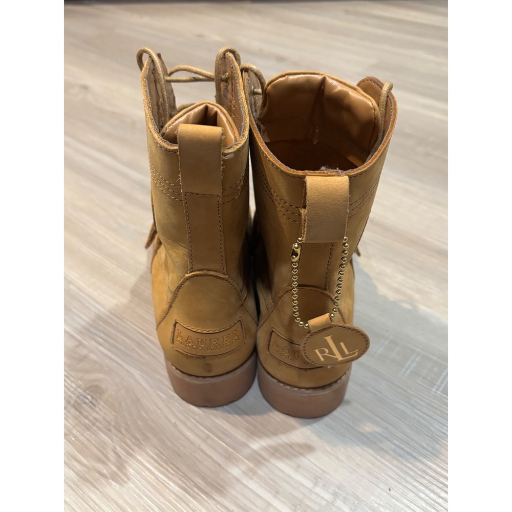 Lauren Ralph Lauren Zera Leather Combat Boots Tan Wheat Buckle Moc Toe 8.5B - Picture 5 of 10